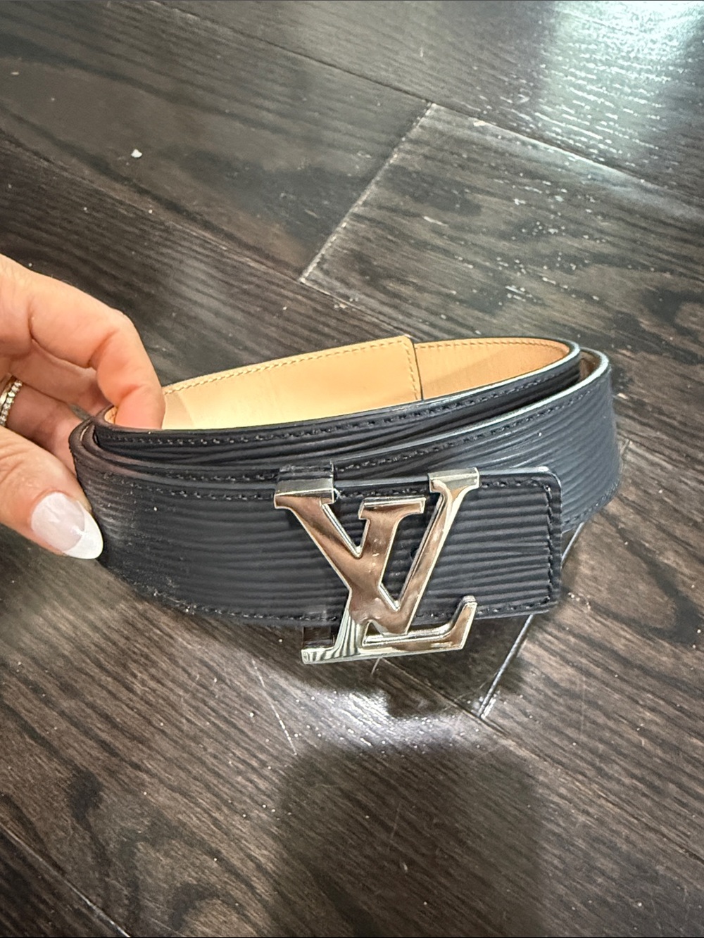 Louis Vuitton Black Epi Leather Belt with Silver LV Buckle